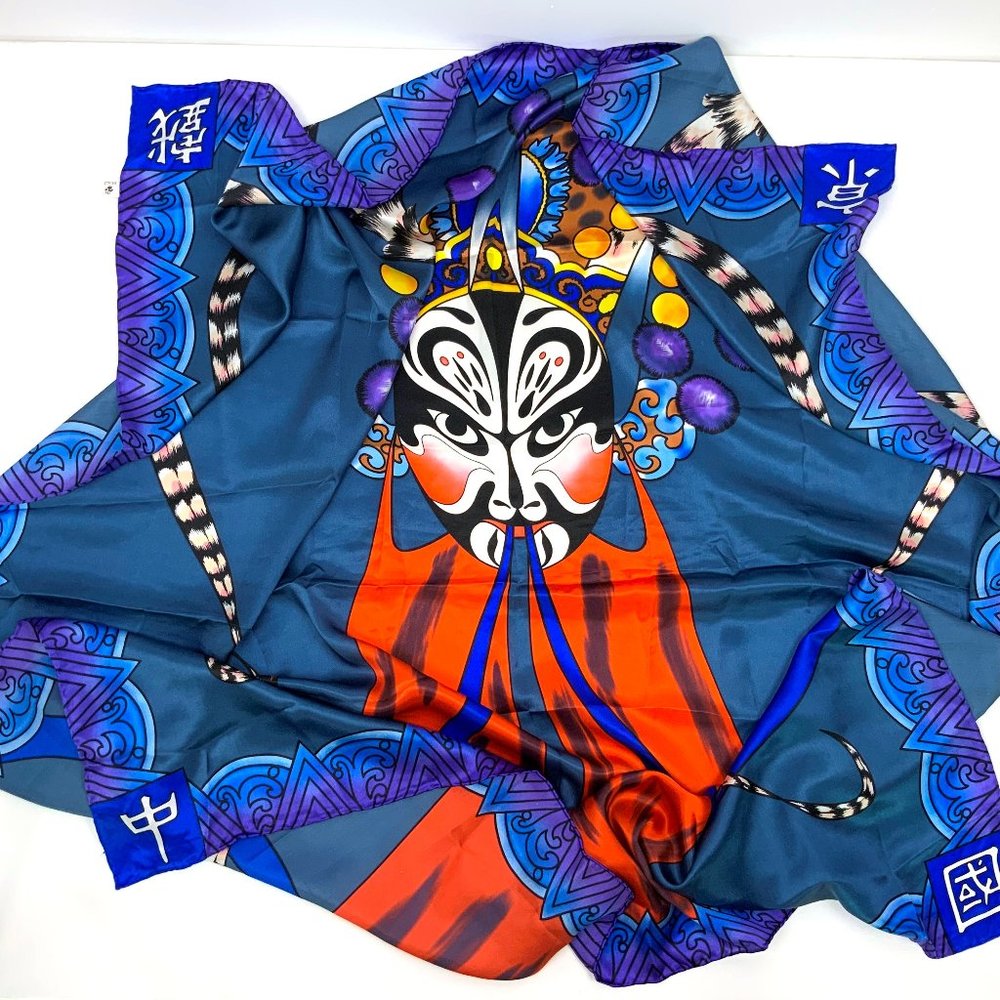 New Vintage 1990s Huali Chinese Opera Print Large Silk Scarf Sz 41"